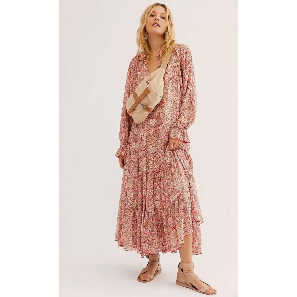 NWT Free People Feeling Groovy BOHO Floral printed Maxi Dress In Red Combo XS